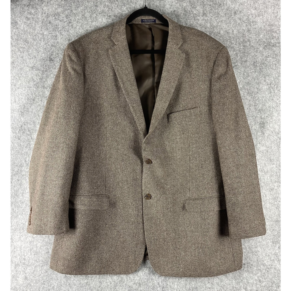 Adolfo 100% Lambswool Blazer Sport Coat Mens 48R Brown Tweed 2 Button